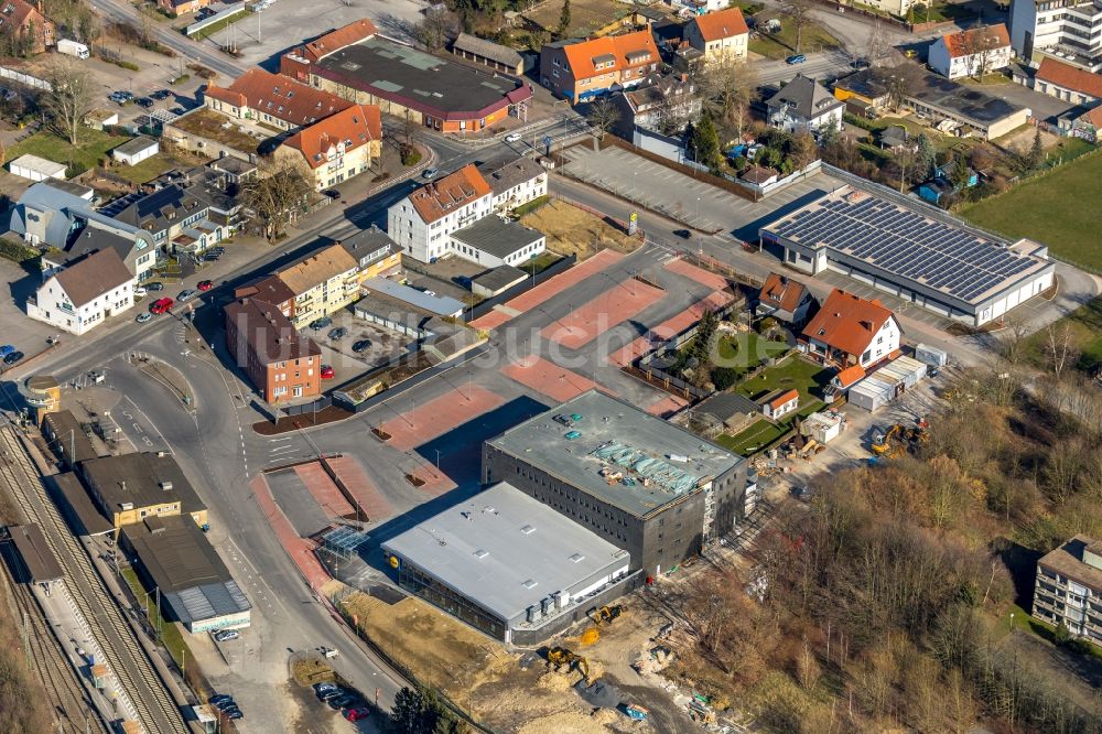 Bönen von oben - Baustelle zum Neubau eines Gebäudes der Stadtverwaltung - Rathaus Am Bahnhof in Bönen im Bundesland Nordrhein-Westfalen, Deutschland