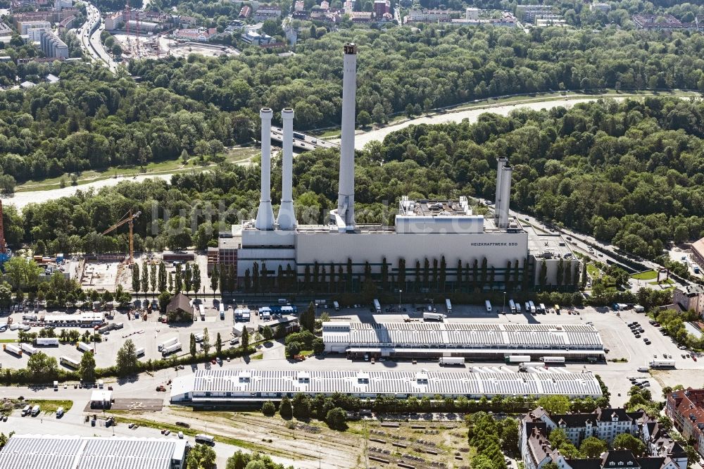 München aus der Vogelperspektive: Baustelle zum Neubau auf dem Gelände der Kraftwerksanlagen des Heizkraftwerkes Süd im Ortsteil Ludwigsvorstadt-Isarvorstadt in München im Bundesland Bayern, Deutschland