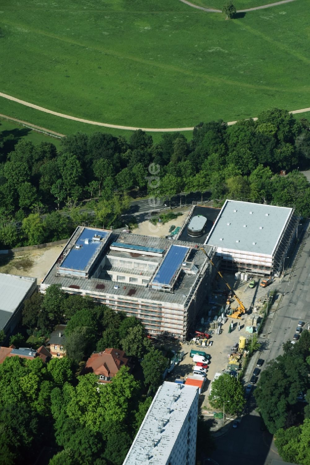 Luftbild Leipzig - Baustelle zum Neubau Gymnasium Telemannstraße in Leipzig im Bundesland Sachsen