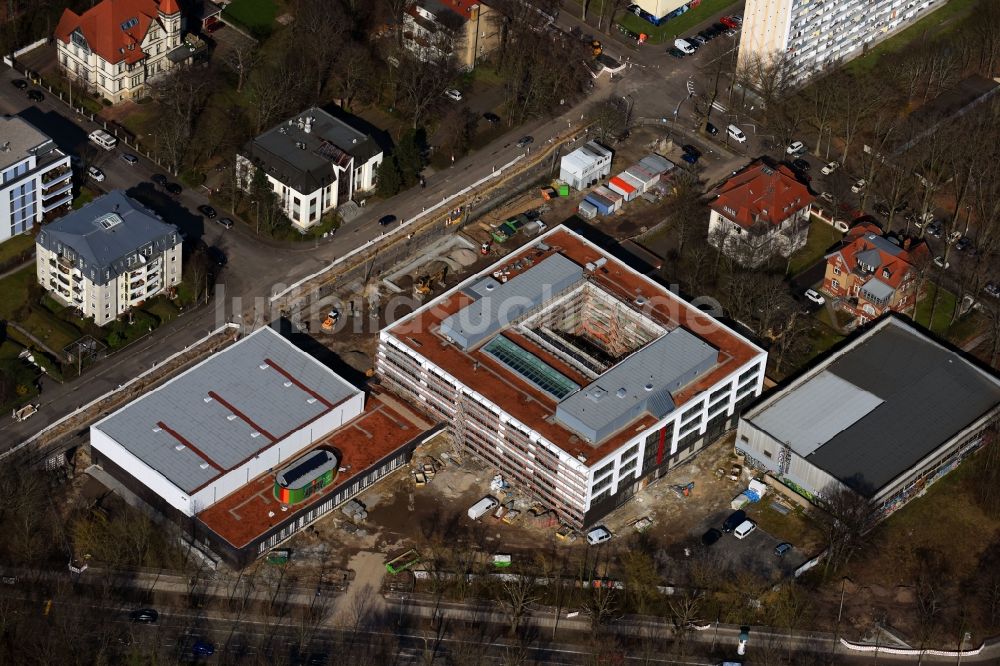 Leipzig von oben - Baustelle zum Neubau Gymnasium Telemannstraße in Leipzig im Bundesland Sachsen