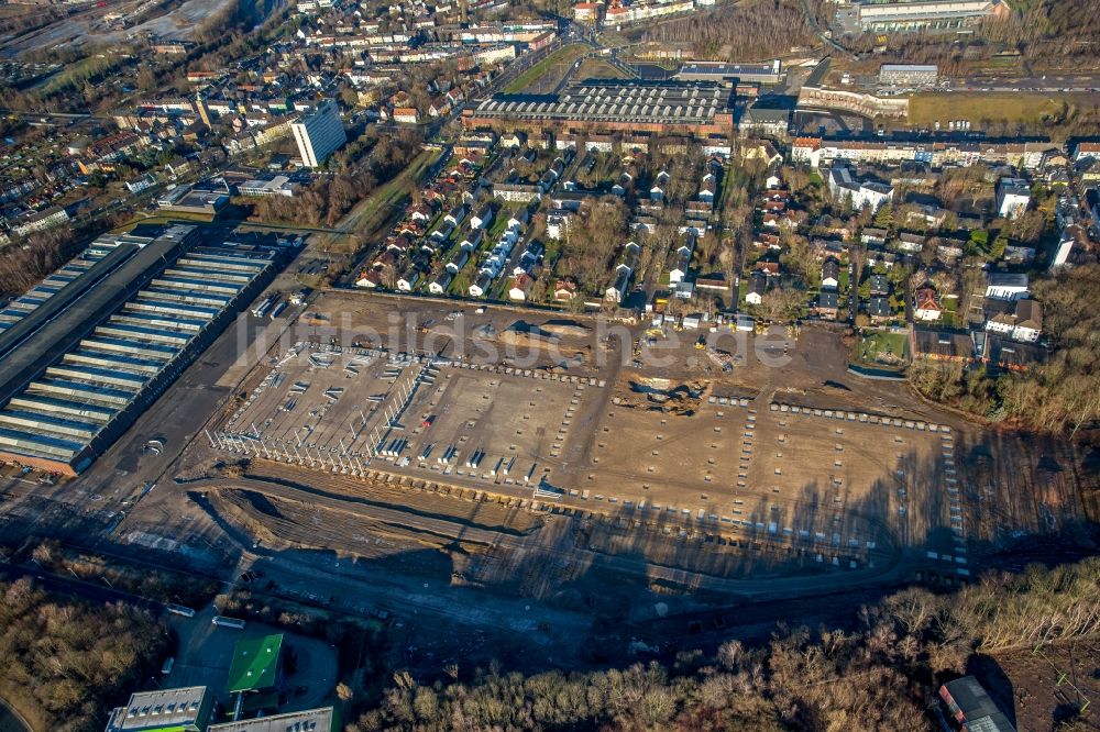 Bochum aus der Vogelperspektive: Baustelle zum Neubau von Hallenneubauten an der Windhausstraße östlich der Reinhold Mendritzki Kaltwalzwerk GmbH & Co KG im Ortsteil Weitmar in Bochum im Bundesland Nordrhein-Westfalen