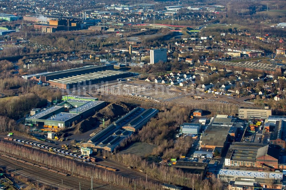 Bochum aus der Vogelperspektive: Baustelle zum Neubau von Hallenneubauten an der Windhausstraße östlich der Reinhold Mendritzki Kaltwalzwerk GmbH & Co KG im Ortsteil Weitmar in Bochum im Bundesland Nordrhein-Westfalen