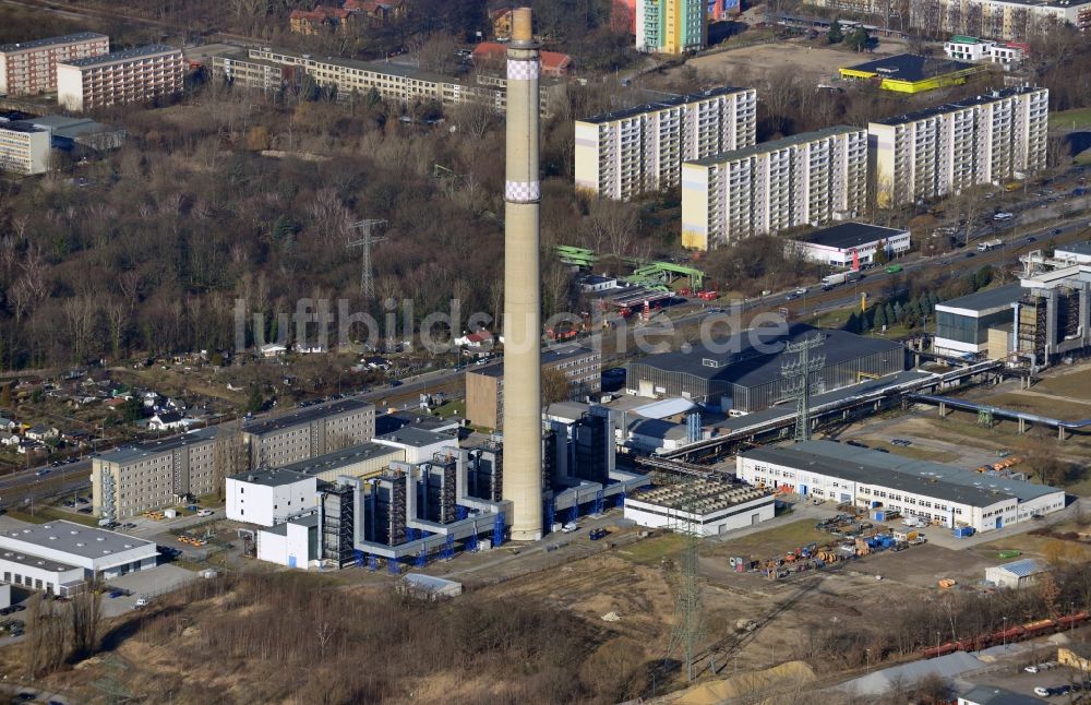 Berlin aus der Vogelperspektive: Baustelle zum Neubau des Heizkraftwerkes - Kraft-Wärme-Kopplungsanlage im Ortsteil Marzahn in Berlin, Deutschland