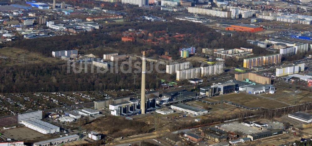 Luftbild Berlin - Baustelle zum Neubau des Heizkraftwerkes - Kraft-Wärme-Kopplungsanlage im Ortsteil Marzahn in Berlin, Deutschland