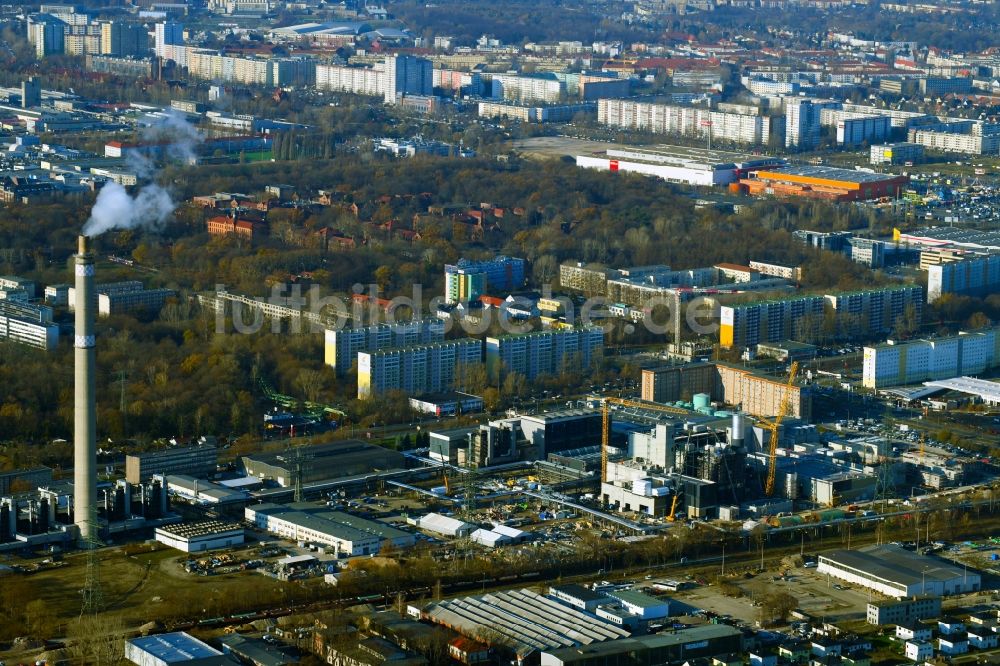 Berlin von oben - Baustelle zum Neubau des Heizkraftwerkes - Kraft-Wärme-Kopplungsanlage im Ortsteil Marzahn in Berlin, Deutschland