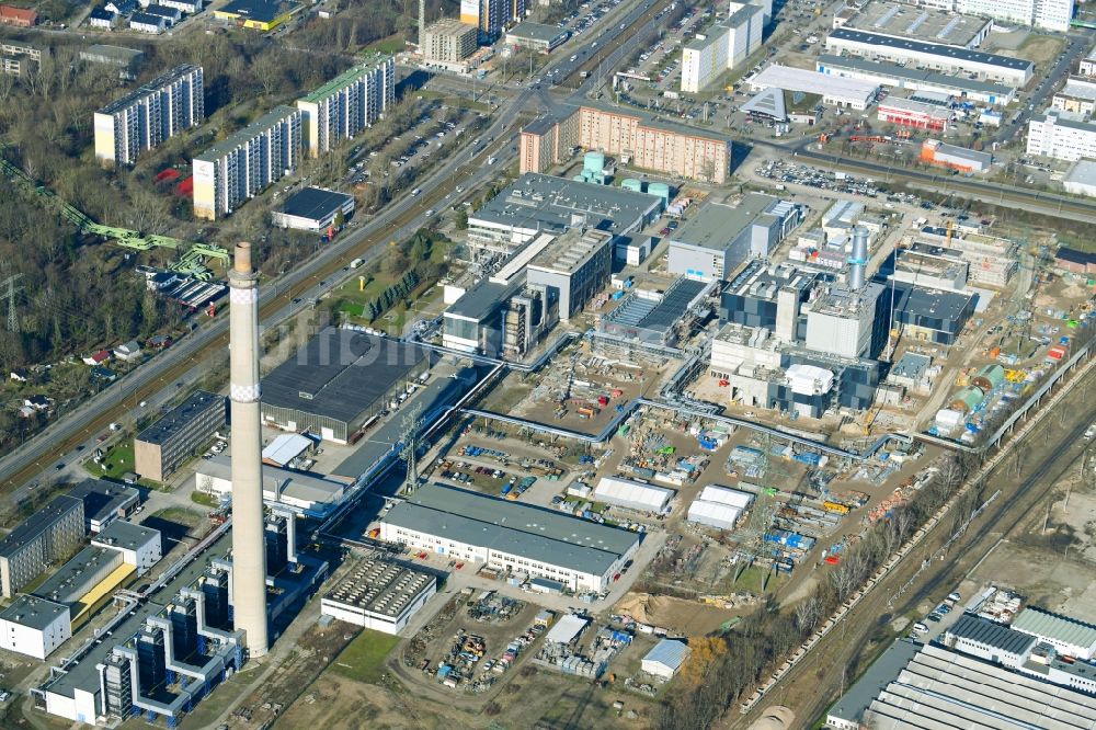 Berlin von oben - Baustelle zum Neubau des Heizkraftwerkes - Kraft-Wärme-Kopplungsanlage im Ortsteil Marzahn in Berlin, Deutschland