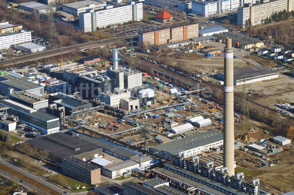 Berlin von oben - Baustelle zum Neubau des Heizkraftwerkes - Kraft-Wärme-Kopplungsanlage im Ortsteil Marzahn in Berlin, Deutschland