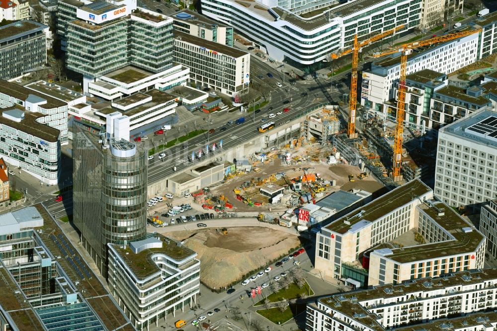 Stuttgart von oben - Baustelle zum Neubau des Hochhaus- Gebäudekomplexes an der Heilbronner Straße im Europaviertel in Stuttgart im Bundesland Baden-Württemberg, Deutschland