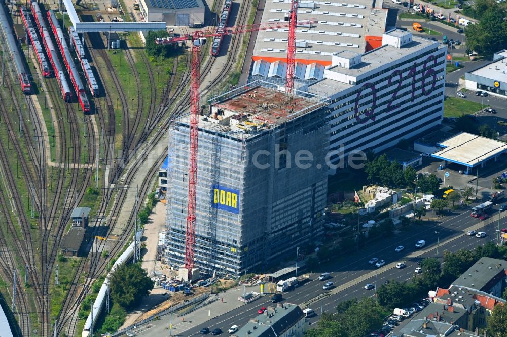 Berlin von oben - Baustelle zum Neubau des Hochhaus- Gebäudekomplexes Q218 im Ortsteil Lichtenberg in Berlin, Deutschland