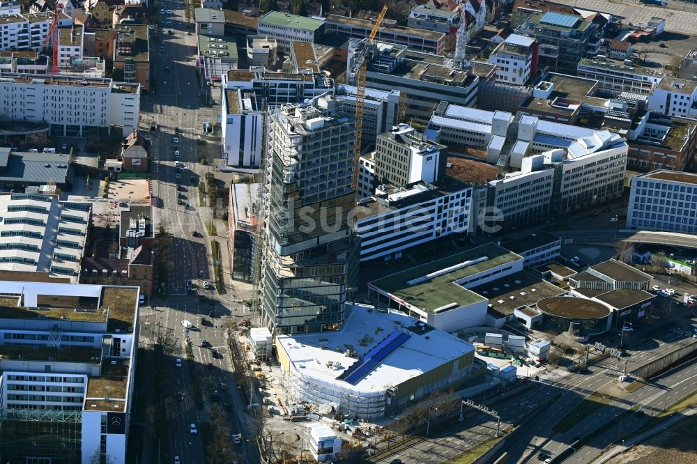 Stuttgart von oben - Baustelle zum Neubau des Hochhaus- Gebäudekomplexes Porsche Tower im Ortsteil Feuerbach-Ost in Stuttgart im Bundesland Baden-Württemberg, Deutschland