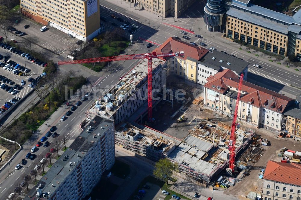 Magdeburg aus der Vogelperspektive: Baustelle zum Neubau der Hotelanlage Julius-Bremer-Straße - Max-Otten-Straße - Otto-von-Guericke-Straße in Magdeburg im Bundesland Sachsen-Anhalt, Deutschland