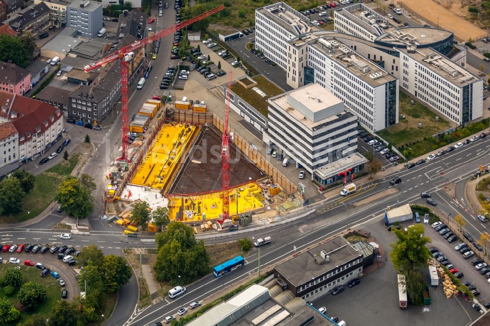 Luftaufnahme Essen - Baustelle zum Neubau der Hotelanlage an der Schwanenkampstraße - Ottilienstraße in Essen im Bundesland Nordrhein-Westfalen, Deutschland