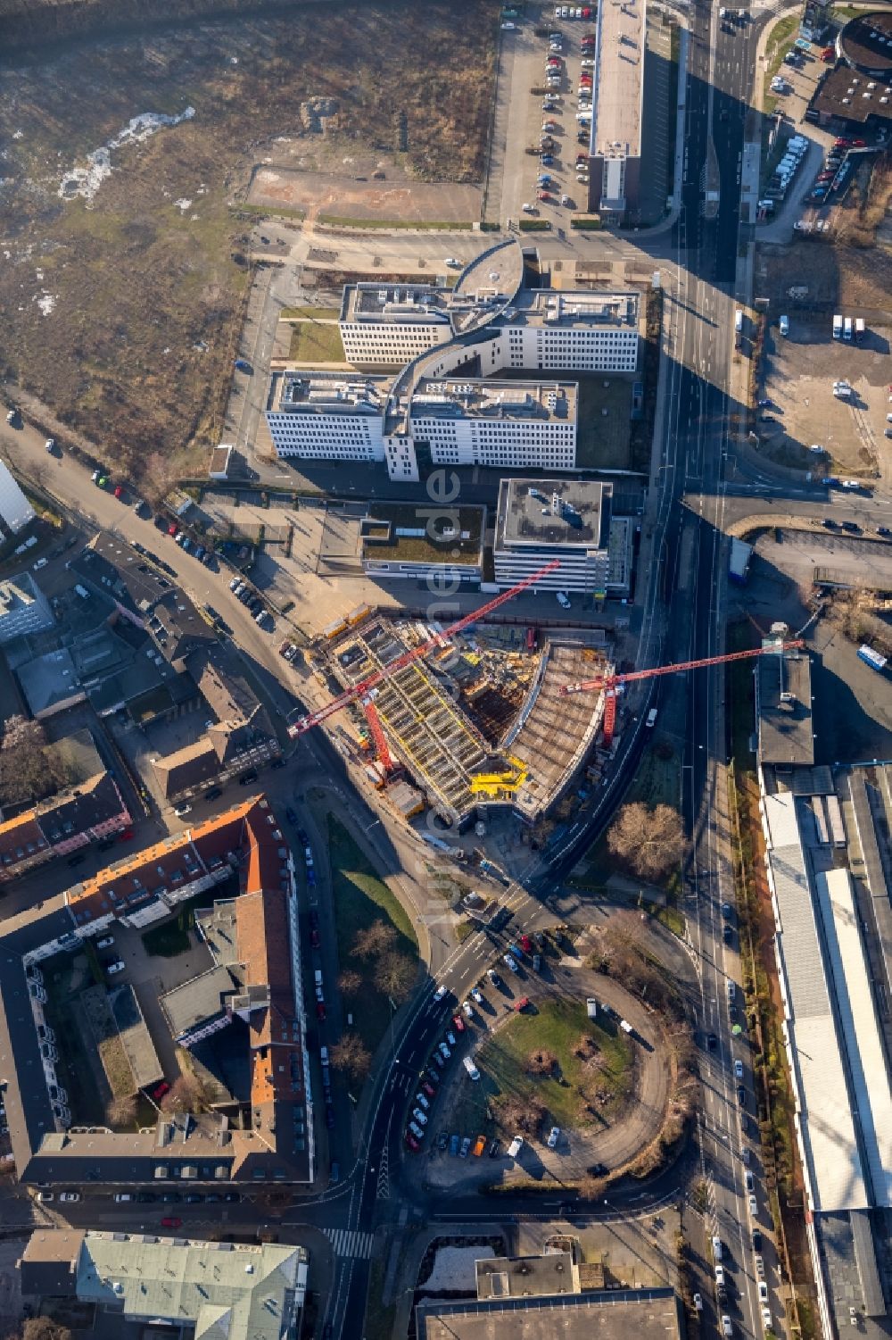 Luftbild Essen - Baustelle zum Neubau der Hotelanlage an der Schwanenkampstraße - Ottilienstraße in Essen im Bundesland Nordrhein-Westfalen, Deutschland