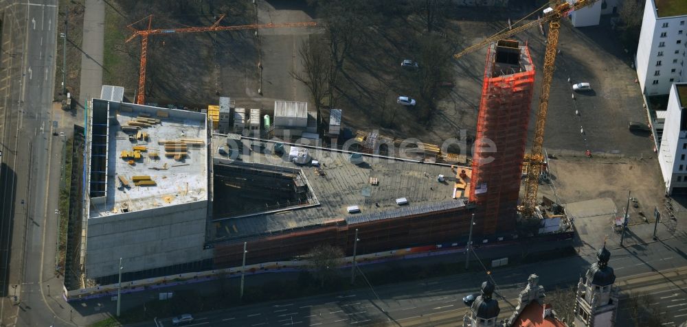 Leipzig von oben - Baustelle zum Neubau des Kirchengebäudes der Propsteikirche St. Trinitatis in Leipzig im Bundesland Sachsen, Deutschland