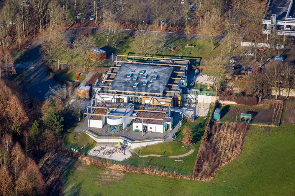 Bochum aus der Vogelperspektive: Baustelle zum Neubau der KITA Kindertagesstätte - UniKids auf dem Gelände der Ruhr-Universität in Bochum im Bundesland Nordrhein-Westfalen