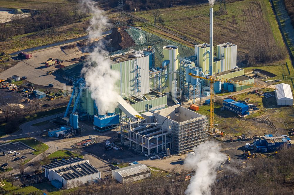 Luftaufnahme Lünen - Baustelle zum Neubau einer Klärschlammtrocknungsanlage in Lünen im Bundesland Nordrhein-Westfalen, Deutschland