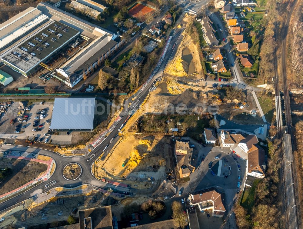 Dorsten aus der Vogelperspektive: Baustelle zum Neubau der Kreisverkehr - Straßenführung Bismarckstraße in Dorsten im Bundesland Nordrhein-Westfalen, Deutschland