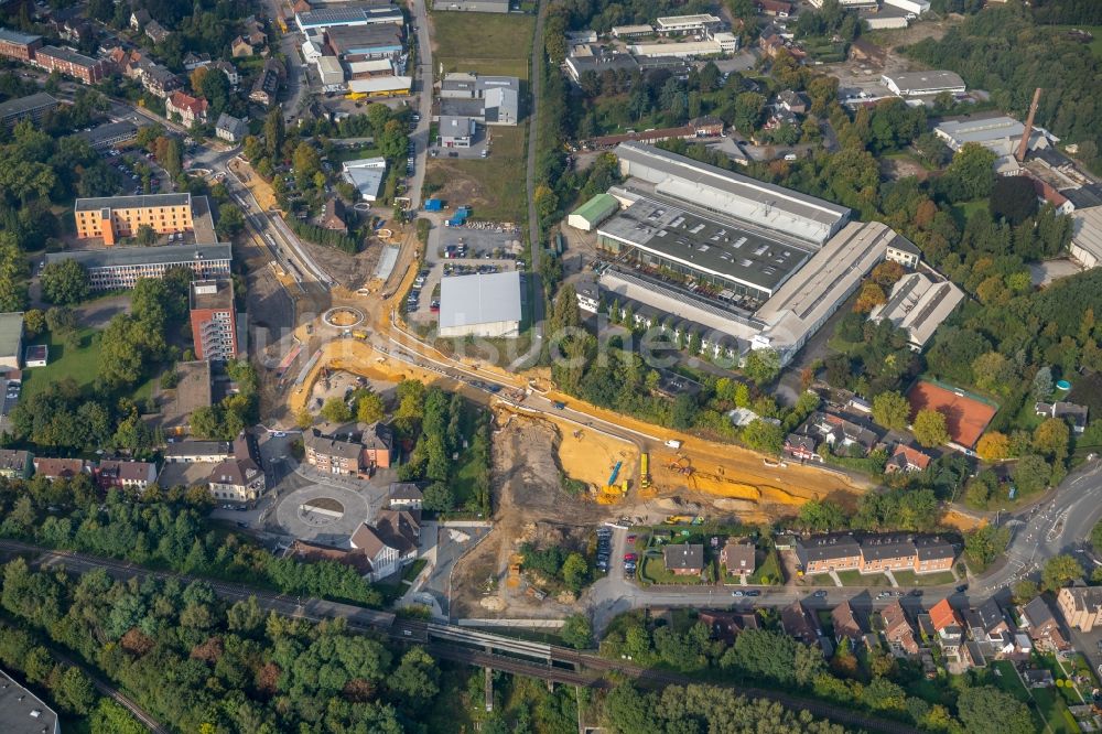 Dorsten aus der Vogelperspektive: Baustelle zum Neubau der Kreisverkehr - Straßenführung Bismarckstraße in Dorsten im Bundesland Nordrhein-Westfalen, Deutschland