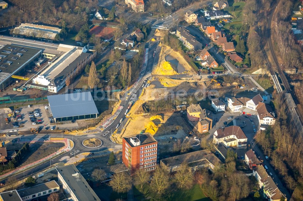 Dorsten von oben - Baustelle zum Neubau der Kreisverkehr - Straßenführung Bismarckstraße in Dorsten im Bundesland Nordrhein-Westfalen, Deutschland