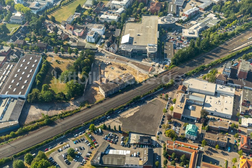 Ahlen aus der Vogelperspektive: Baustelle zum Neubau der Kreisverkehr - Straßenführung am Gebrüder-Kerkmann-Platz in Ahlen im Bundesland Nordrhein-Westfalen, Deutschland