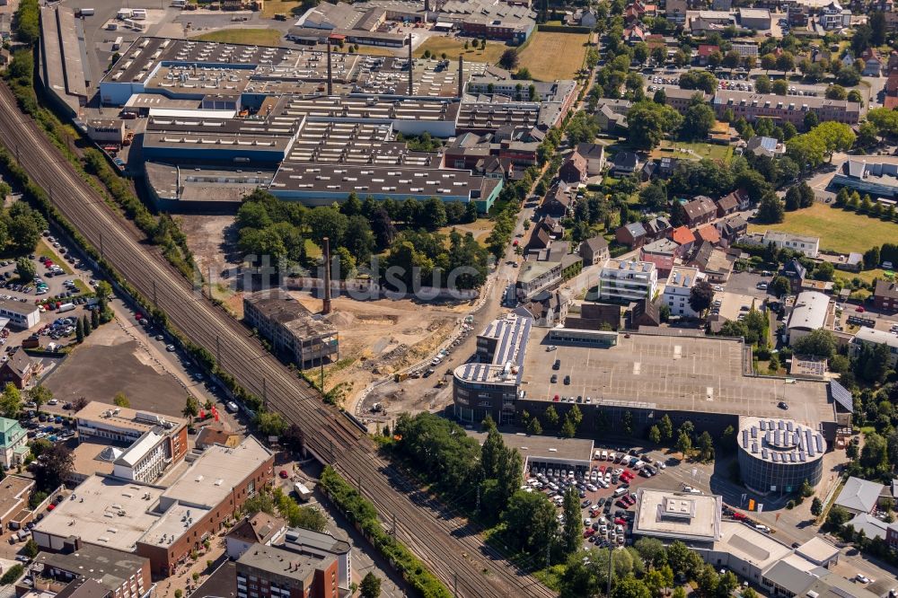 Luftaufnahme Ahlen - Baustelle zum Neubau der Kreisverkehr - Straßenführung am Gebrüder-Kerkmann-Platz in Ahlen im Bundesland Nordrhein-Westfalen, Deutschland