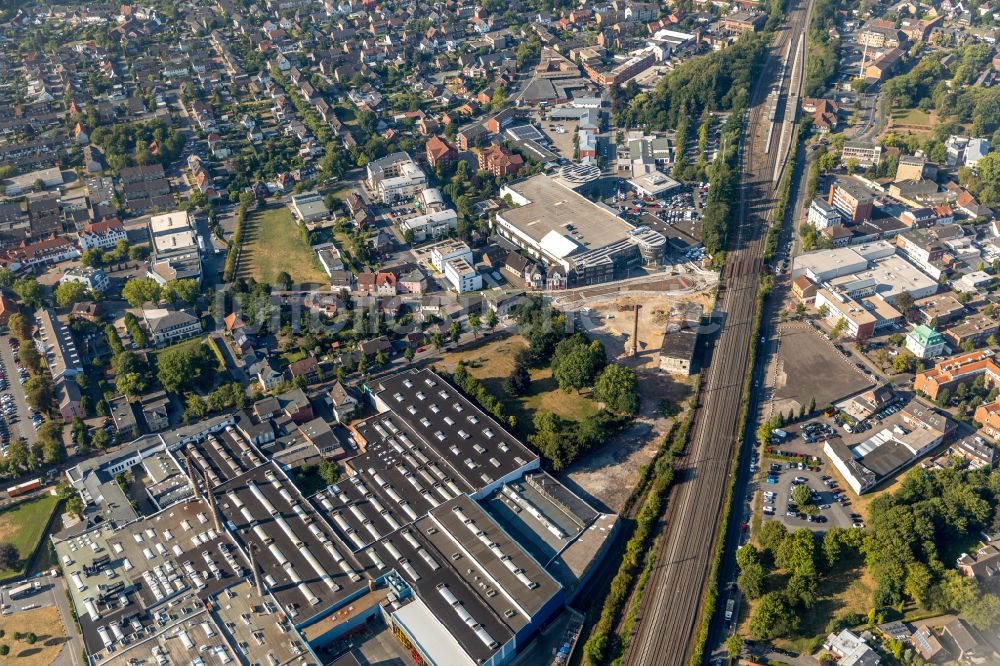 Luftaufnahme Ahlen - Baustelle zum Neubau der Kreisverkehr - Straßenführung am Gebrüder-Kerkmann-Platz in Ahlen im Bundesland Nordrhein-Westfalen, Deutschland