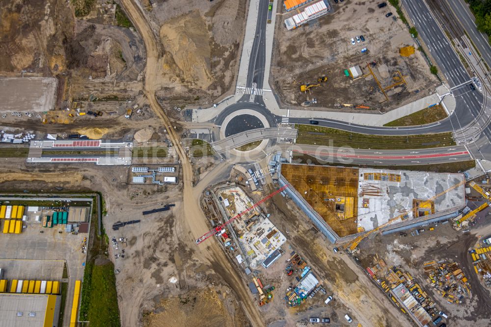 Bochum aus der Vogelperspektive: Baustelle zum Neubau der Kreisverkehr - Straßenführung auf dem O-Werk Campus in Bochum im Bundesland Nordrhein-Westfalen, Deutschland