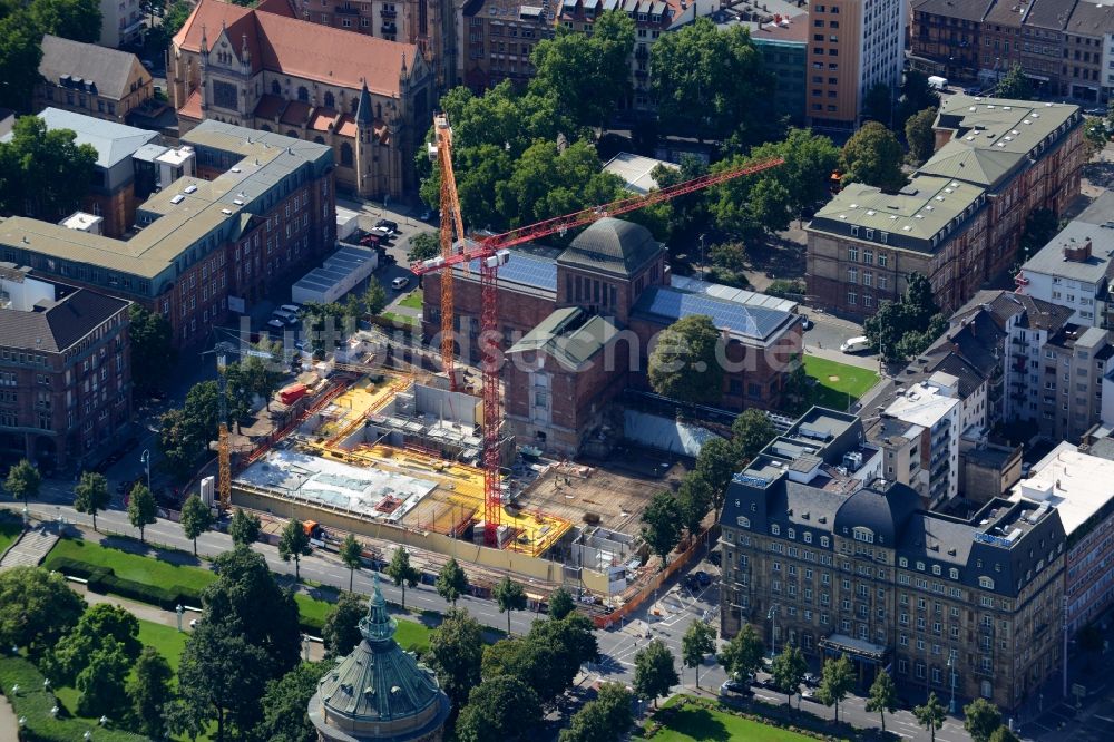 Mannheim aus der Vogelperspektive: Baustelle zum Neubau der Kunsthalle Mannheim am Friedrichsplatz in Mannheim im Bundesland Baden-Württemberg