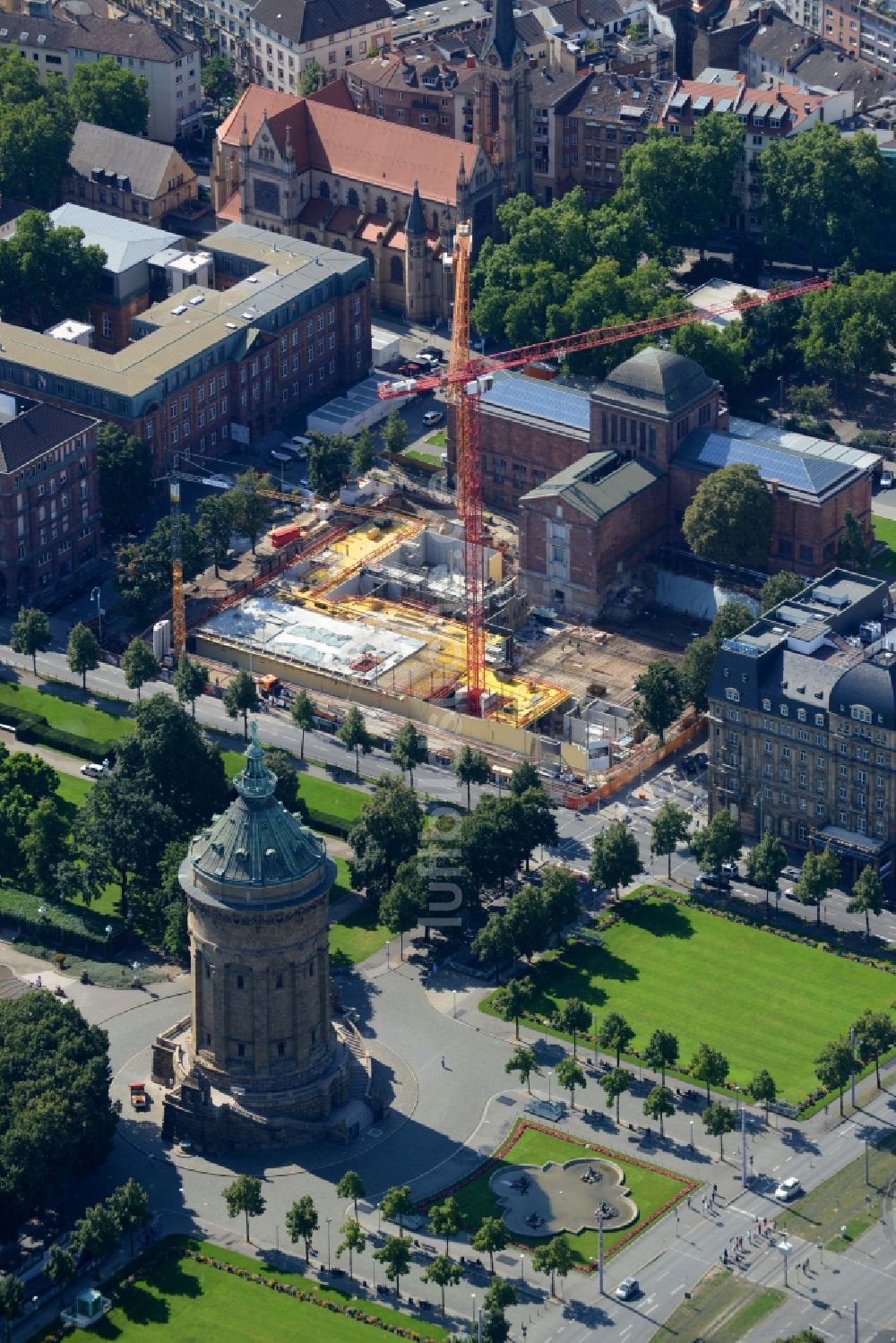 Luftaufnahme Mannheim - Baustelle zum Neubau der Kunsthalle Mannheim am Friedrichsplatz in Mannheim im Bundesland Baden-Württemberg