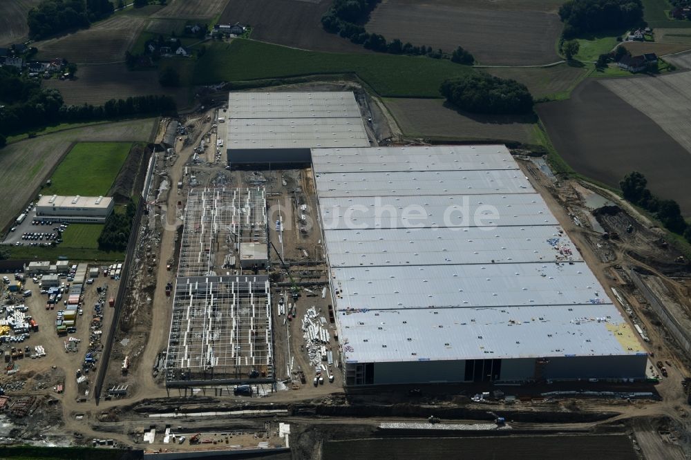 Luftaufnahme Löhne - Baustelle zum Neubau des Logistikzentrum von Hermes Fulfilment im Gewerbegebiet Scheidkamp in Löhne im Bundesland Nordrhein-Westfalen