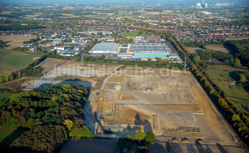 Luftaufnahme Werne - Baustelle zum Neubau des Logistikzentrums von Amazon im Ortsteil Ruhr Metropolitan Area in Werne im Bundesland Nordrhein-Westfalen