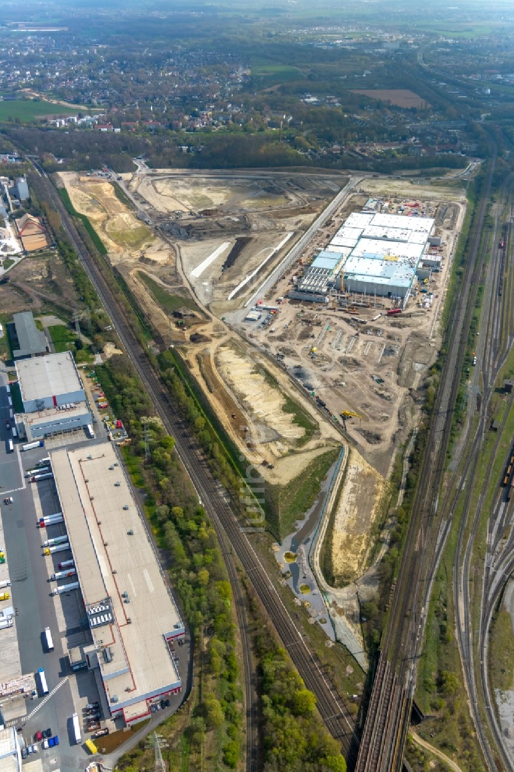 Dortmund von oben - Baustelle zum Neubau eines Logistikzentrums der REWE DORTMUND Großhandel eG in Dortmund im Bundesland Nordrhein-Westfalen, Deutschland