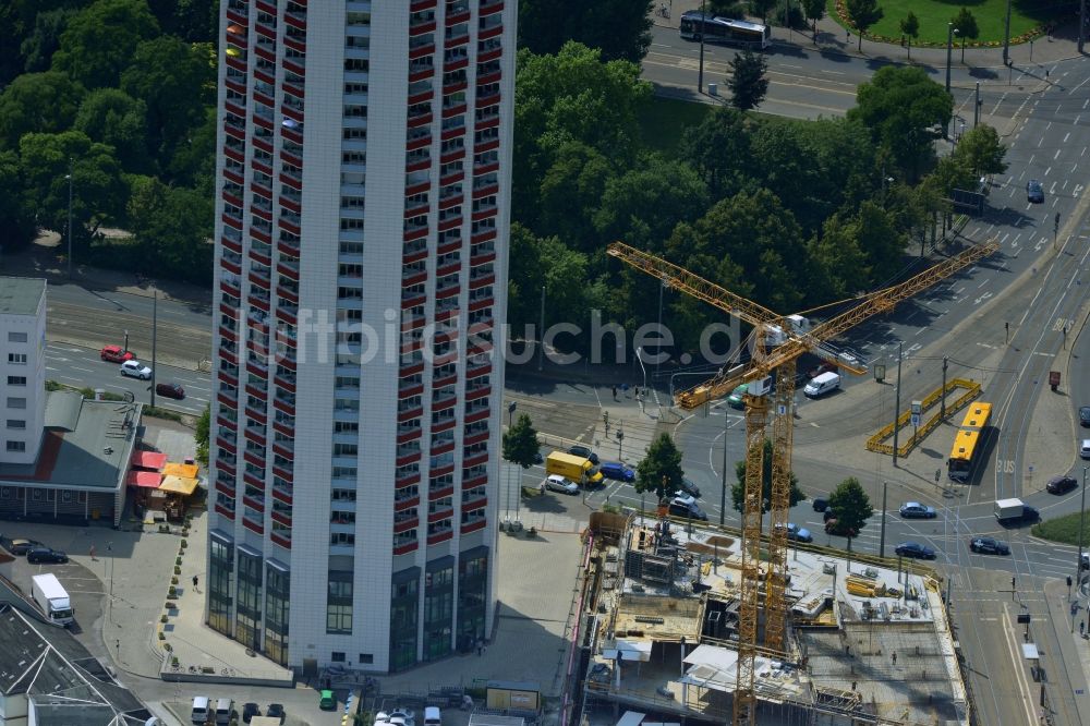 Luftbild Leipzig - Baustelle zum Neubau der LWB - Zentrale am Wintergartenhochhaus in Leipzig im Bundesland Sachsen