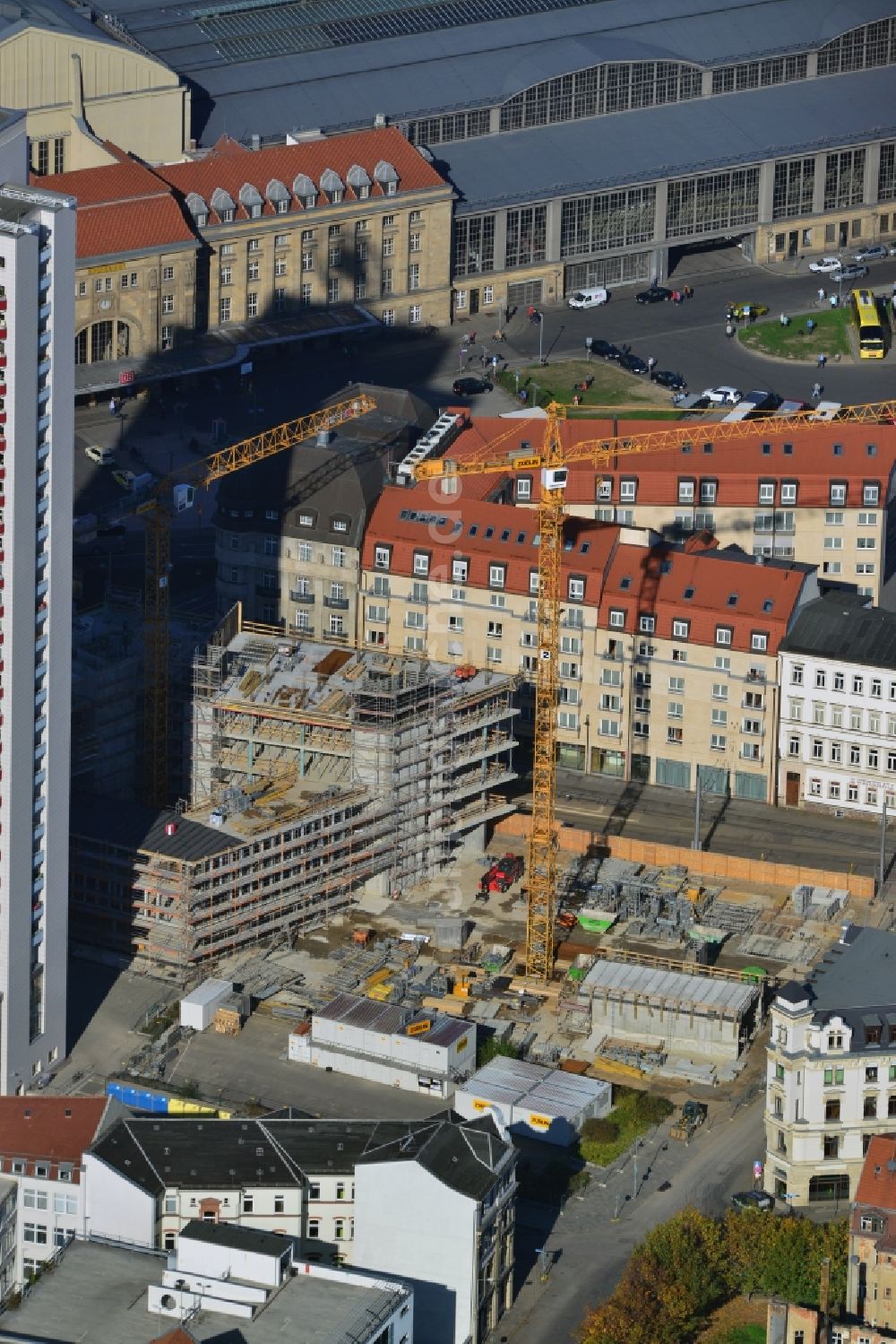 Leipzig von oben - Baustelle zum Neubau der LWB - Zentrale am Wintergartenhochhaus in Leipzig im Bundesland Sachsen