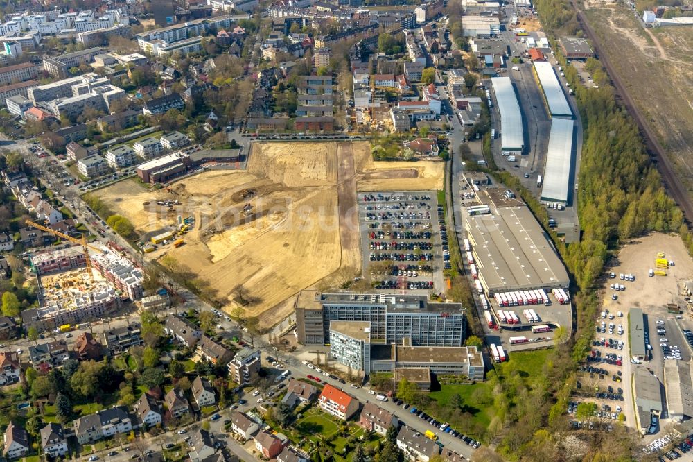 Dortmund aus der Vogelperspektive: Baustelle zum Neubau Mehrfamilienhaus in Dortmund im Bundesland Nordrhein-Westfalen, Deutschland