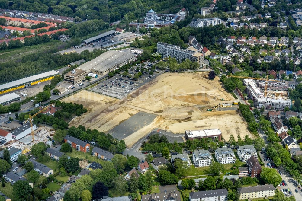 Dortmund aus der Vogelperspektive: Baustelle zum Neubau Mehrfamilienhaus in Dortmund im Bundesland Nordrhein-Westfalen, Deutschland