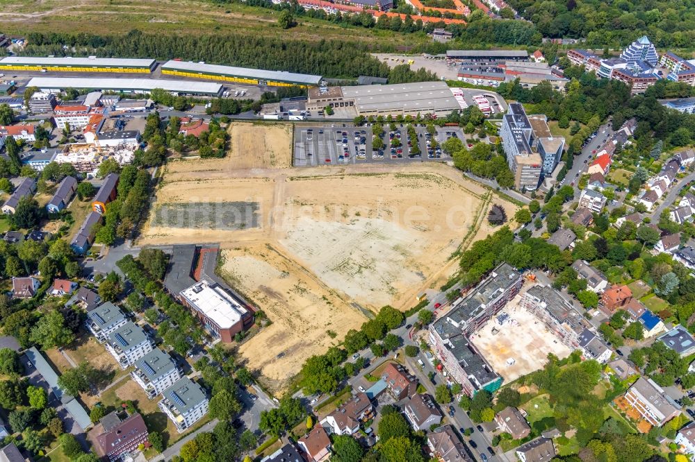 Dortmund aus der Vogelperspektive: Baustelle zum Neubau Mehrfamilienhaus in Dortmund im Bundesland Nordrhein-Westfalen, Deutschland