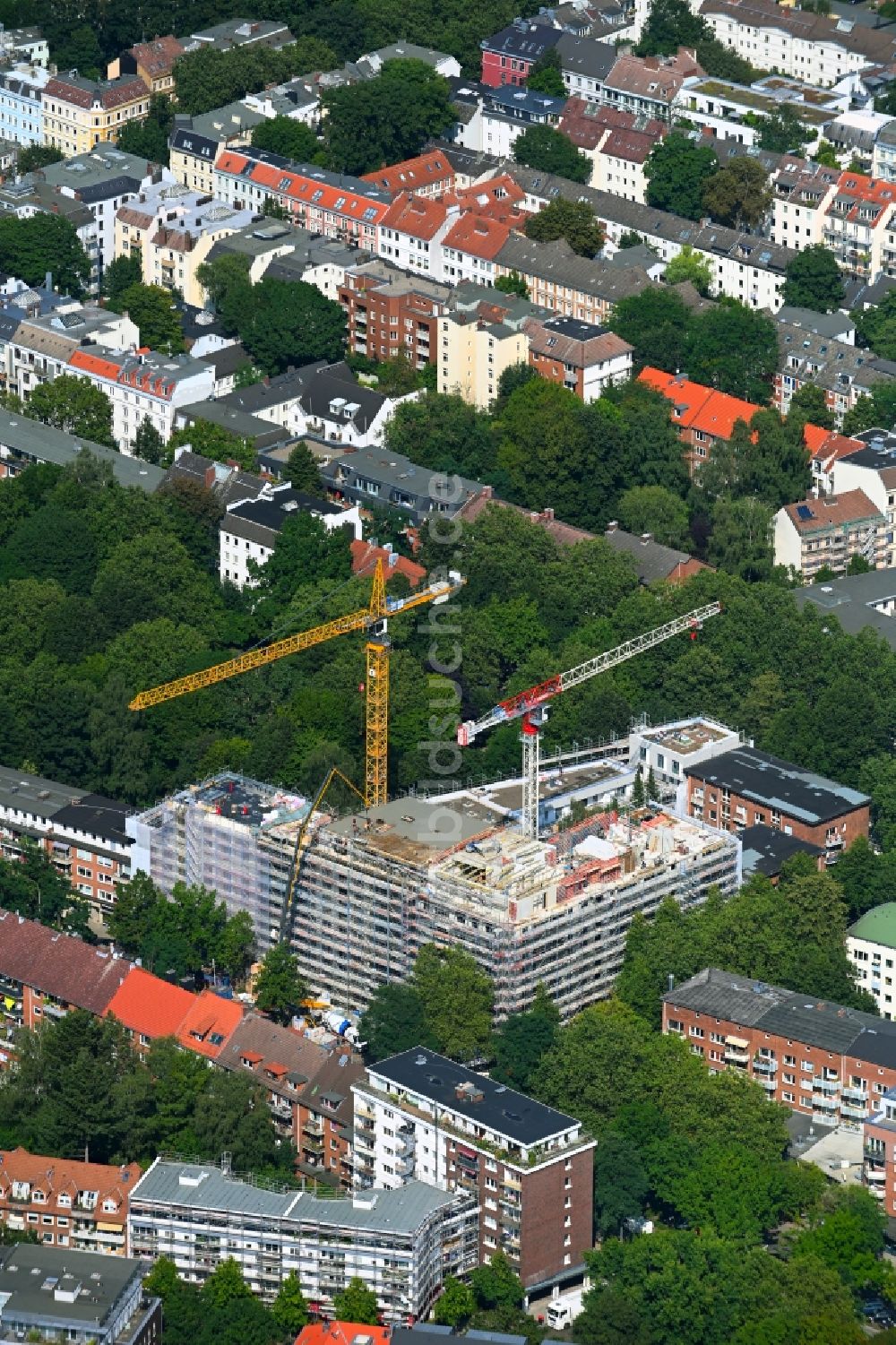 Hamburg von oben - Baustelle zum Neubau einer Mehrfamilienhaus-Wohnanlage AMANDA Hamburg am Schulterblatt Ecke Amandastraße in Hamburg, Deutschland