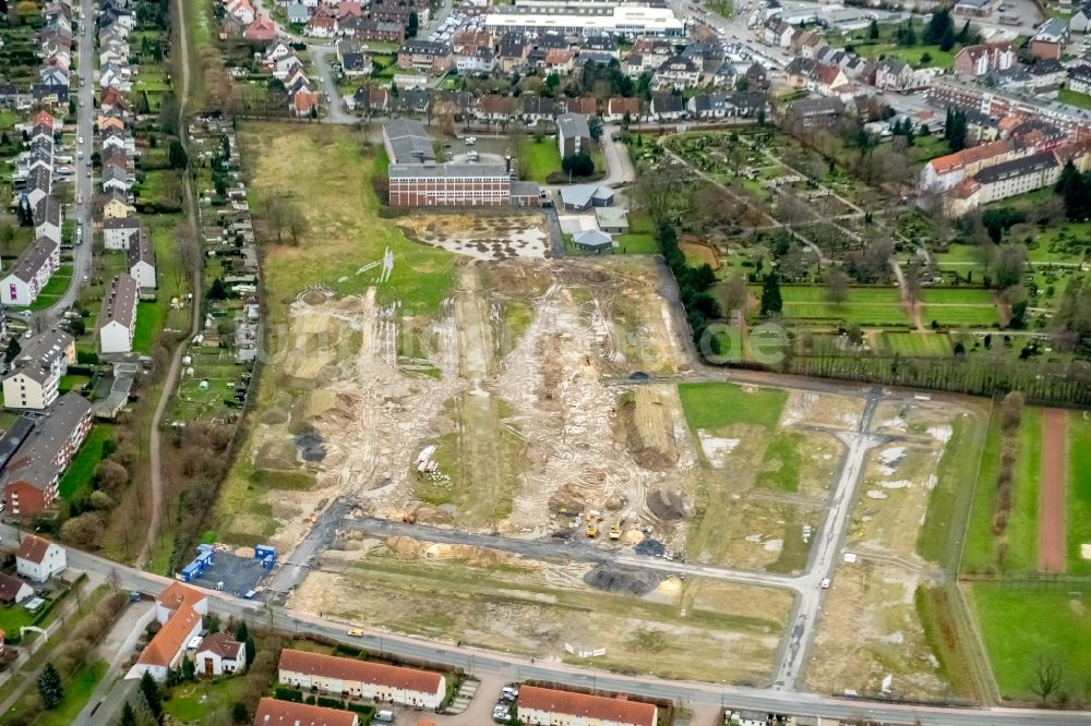 Hamm aus der Vogelperspektive: Baustelle zum Neubau einer Mehrfamilienhaus-Wohnanlage auf dem Beisenkamp in Hamm im Bundesland Nordrhein-Westfalen, Deutschland