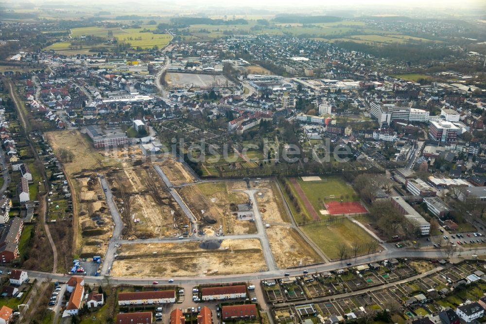 Hamm aus der Vogelperspektive: Baustelle zum Neubau einer Mehrfamilienhaus-Wohnanlage auf dem Beisenkamp in Hamm im Bundesland Nordrhein-Westfalen, Deutschland