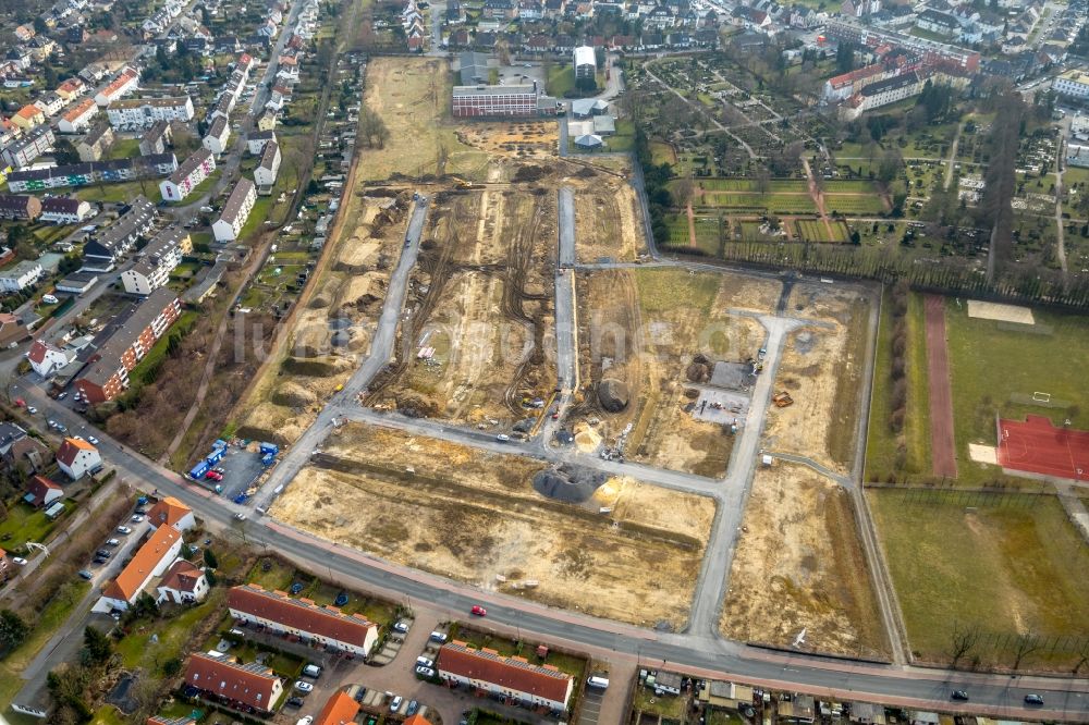 Luftaufnahme Hamm - Baustelle zum Neubau einer Mehrfamilienhaus-Wohnanlage auf dem Beisenkamp in Hamm im Bundesland Nordrhein-Westfalen, Deutschland