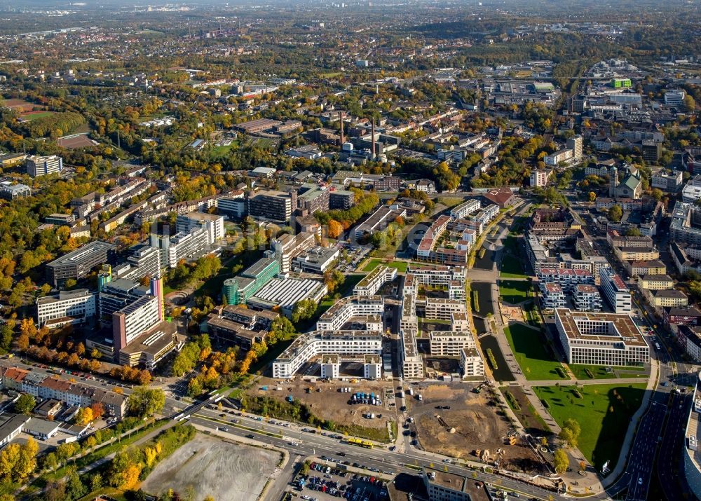 Luftbild Essen - Baustelle zum Neubau einer Mehrfamilienhaus-Wohnanlage am Berliner Platz in der Grünen Mitte in Essen im Bundesland Nordrhein-Westfalen