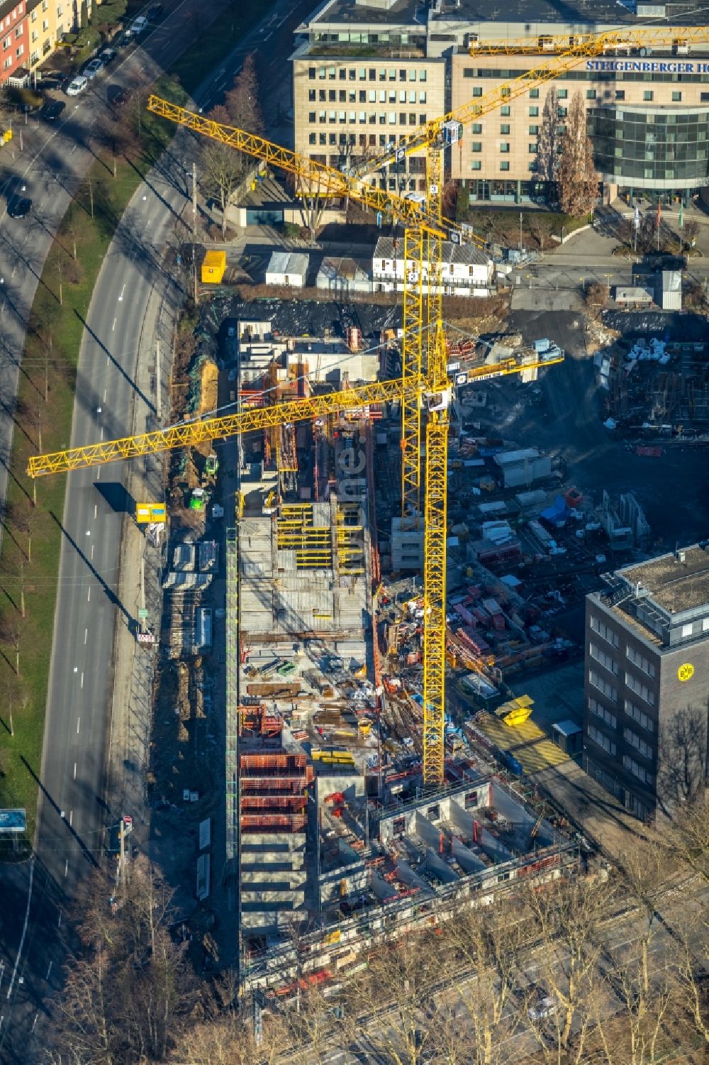 Dortmund von oben - Baustelle zum Neubau einer Mehrfamilienhaus-Wohnanlage Berswordt-Quartier in Dortmund im Bundesland Nordrhein-Westfalen, Deutschland