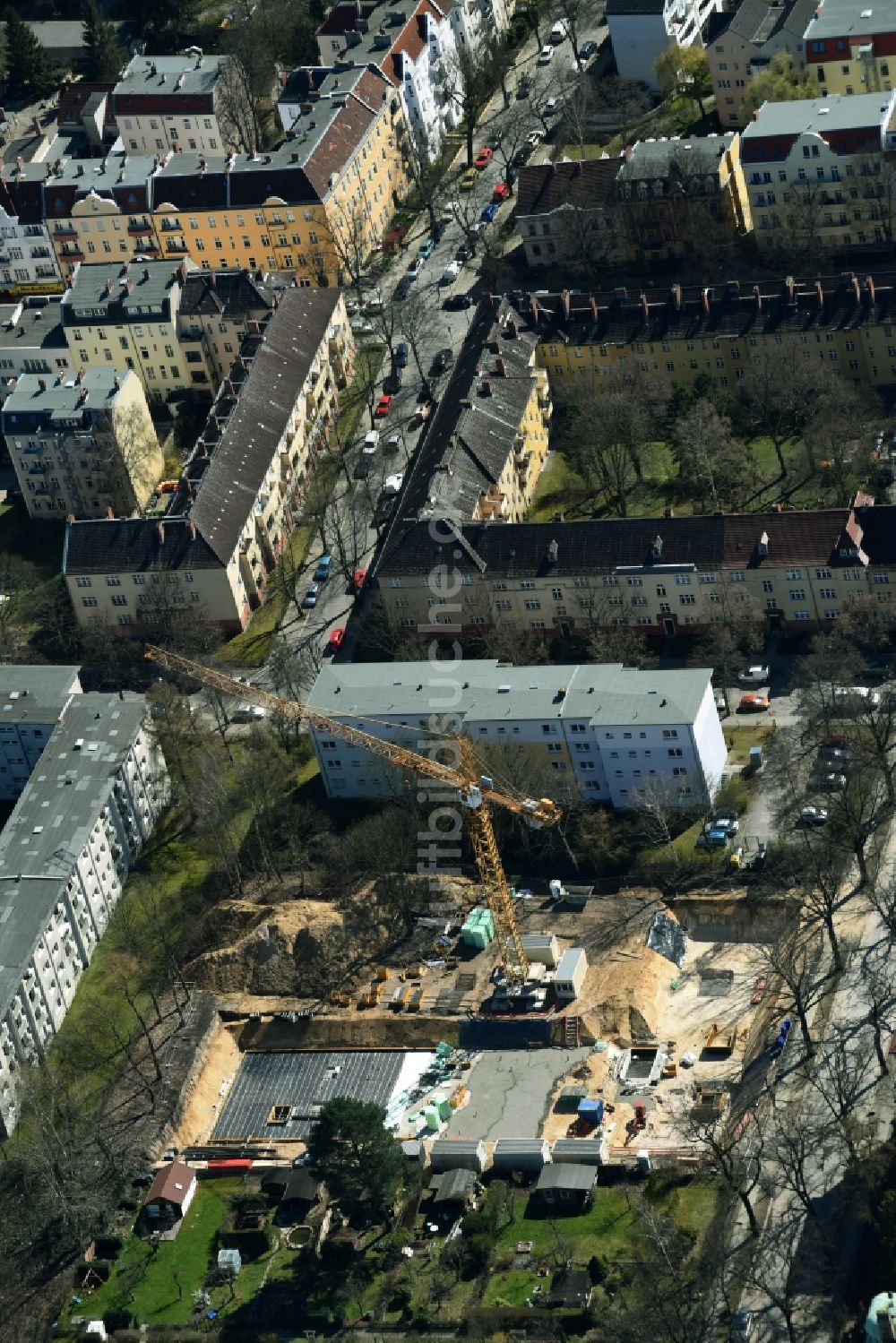 Berlin aus der Vogelperspektive: Baustelle zum Neubau einer Mehrfamilienhaus-Wohnanlage der Bilfinger SE an der Prinzenstraße - Küterstraße im Stadtteil Mariendorf in Berlin