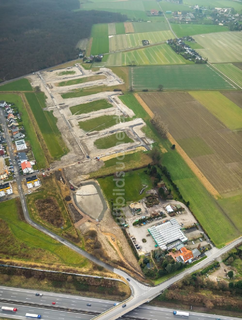 Luftaufnahme Brechten - Baustelle zum Neubau einer Mehrfamilienhaus-Wohnanlage Brechtener Heide in Brechten im Bundesland Nordrhein-Westfalen, Deutschland