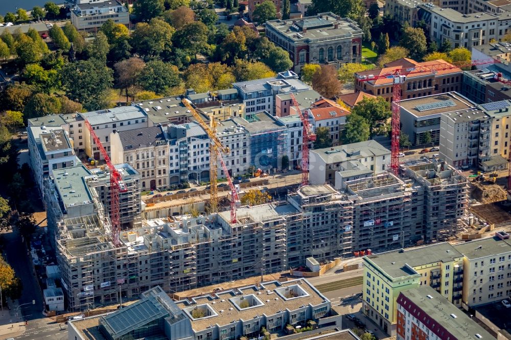 Luftaufnahme Magdeburg - Baustelle zum Neubau einer Mehrfamilienhaus-Wohnanlage Breiter Weg - Danzstraße in Magdeburg im Bundesland Sachsen-Anhalt, Deutschland