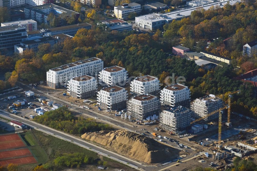 Luftaufnahme Potsdam - Baustelle zum Neubau einer Mehrfamilienhaus-Wohnanlage Brunnen Viertel Potsdam an der Brunnenallee in Potsdam im Bundesland Brandenburg