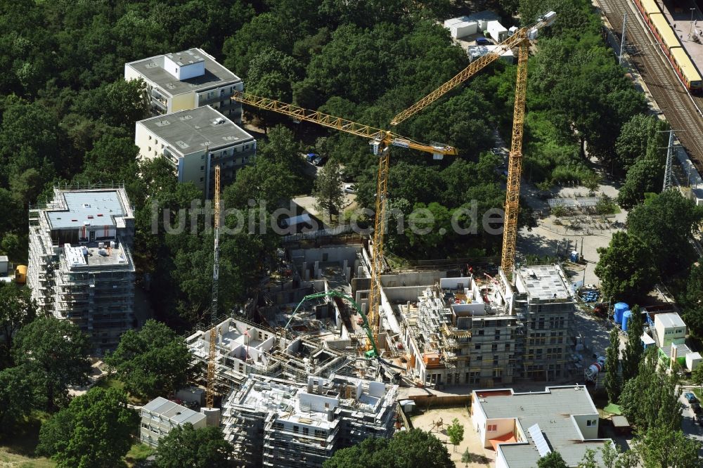 Luftbild Berlin - Baustelle zum Neubau einer Mehrfamilienhaus-Wohnanlage Am Carlsgarten der Helma Wohnungsbau GmbH nach Entwürfen von Blumers Architekten durch die Zechbau GmbH in Berlin