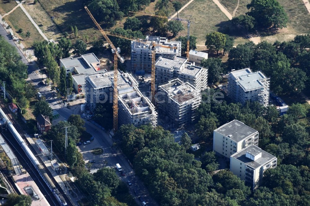 Berlin aus der Vogelperspektive: Baustelle zum Neubau einer Mehrfamilienhaus-Wohnanlage Am Carlsgarten der Helma Wohnungsbau GmbH nach Entwürfen von Blumers Architekten durch die Zechbau GmbH in Berlin