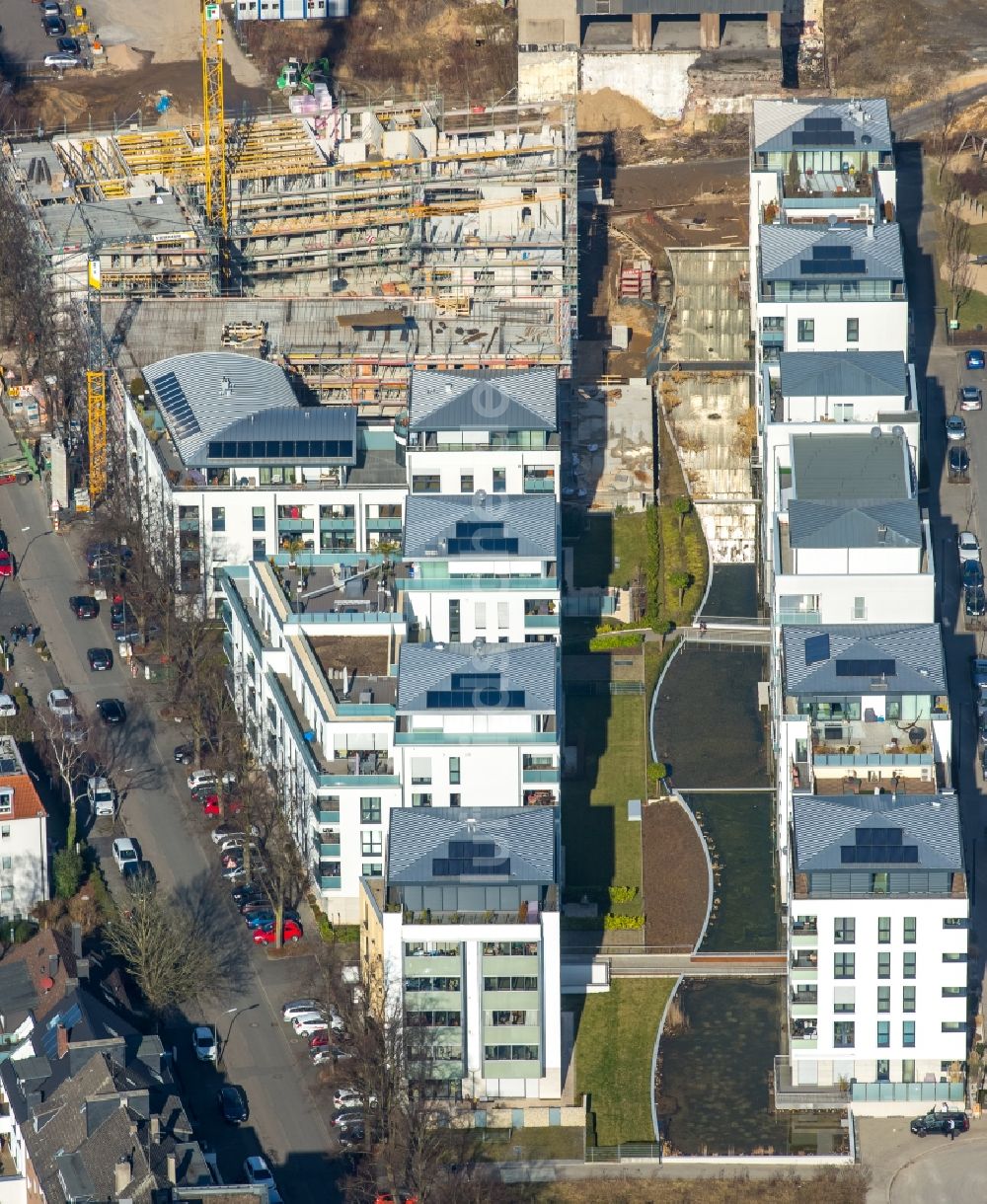 Luftaufnahme Dortmund - Baustelle zum Neubau einer Mehrfamilienhaus-Wohnanlage auf dem ehemaligen Kronen-Areal, Märkische Straße - Benno-Jacob-Straße im Ortsteil Innenstadt-Ost in Dortmund im Bundesland Nordrhein-Westfalen